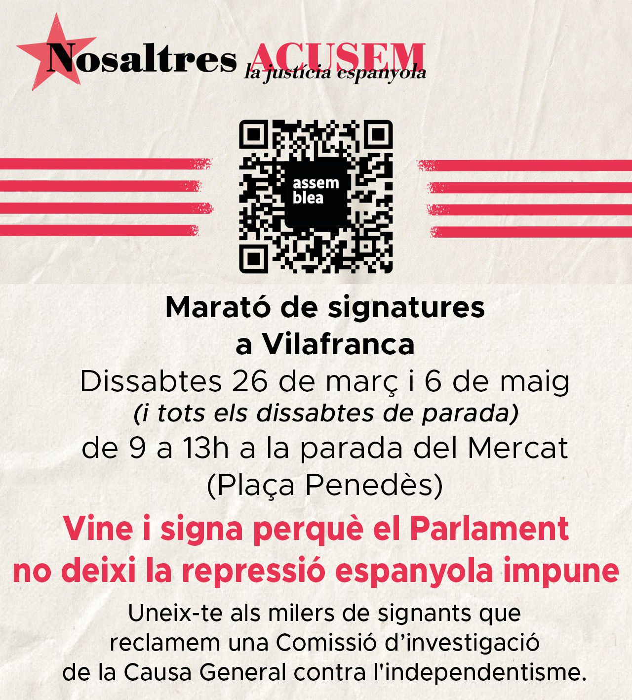 Vilafranca recull signatures perquè el Parlament no deixi la repressió impune